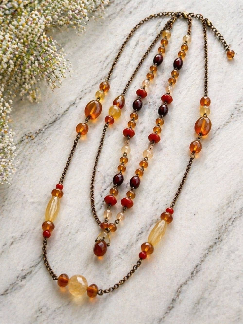 Boho Multi strand Layered Amber Bead Necklace - Picture 3 of 3